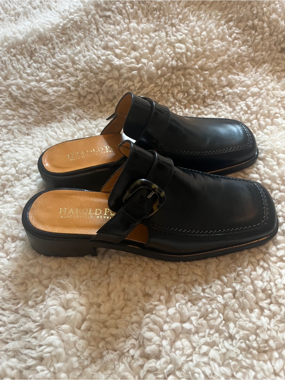 Harold Powell Italian Leather Square Toe Slides with Buckle Size 7